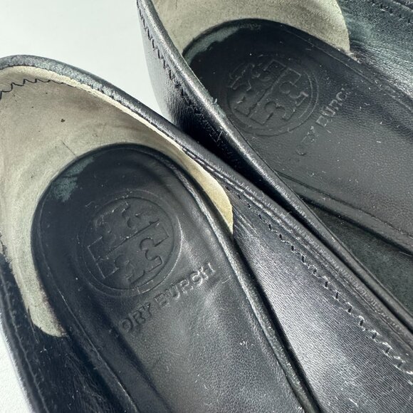 TORY BURCH Reva Ballerina Ballet Flats - Black Leather Gold Logo - Size 6 M - Picture 12 of 14